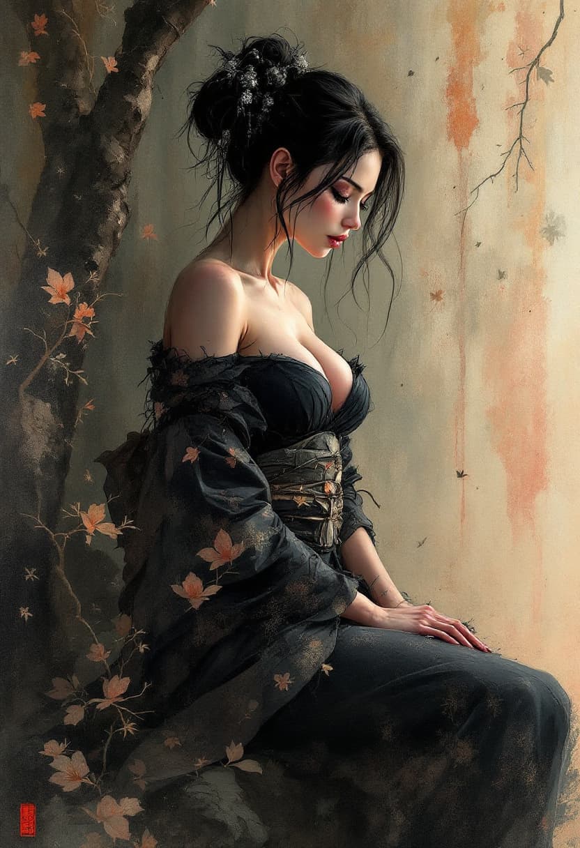 AI generated: female kimono female bodybuilder figure Revealing powerful, strong muscles, a peach-pink, black outf...