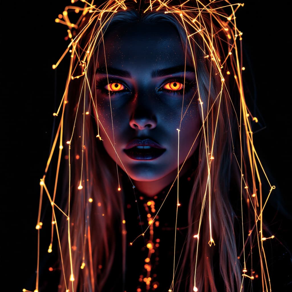AI generated: female warlock,string art, black background, long golden thin hair, staring into your soul,surrealis...
