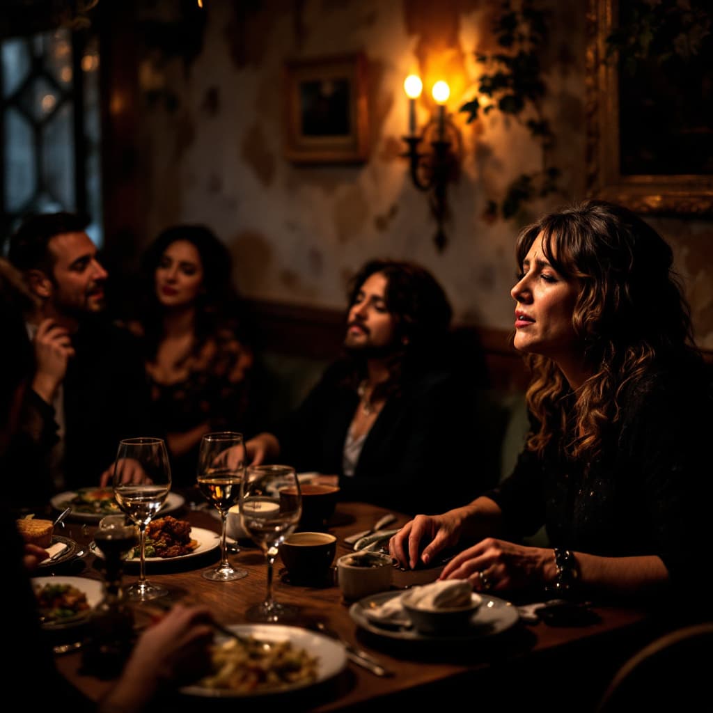 AI generated: A fado dinner in Lisbon with a group of people for a company retreat. A fado singer is performing wi...