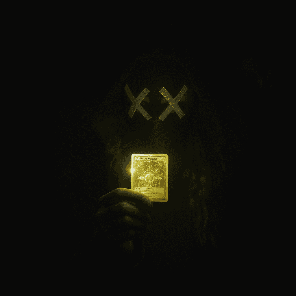 AI generated: A MYSTERY GIRL WITH A FACE MASK HOLDS A GLOWING GOLDEN TRADING CARD IN HER HAND IN A SMOKY ATMOSPHER...