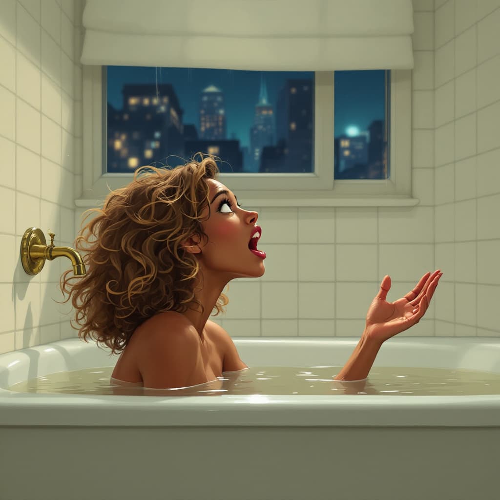 AI generated: A detailed digital illustration in the style of Dimitry Roulland, featuring a woman in a bathtub, fa...