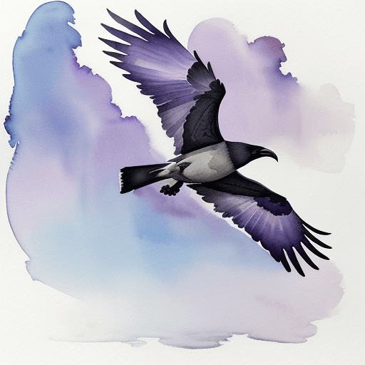 AI generated: watercolor with high water content, hazy painting of a crow in flight through clouds, using some pur...