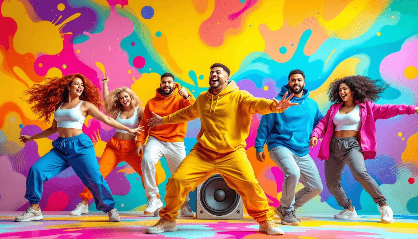 AI generated: Group of Stunning Curvy young Women, dancing energetically; vibrant, colorful, dynamic dance scene; ...