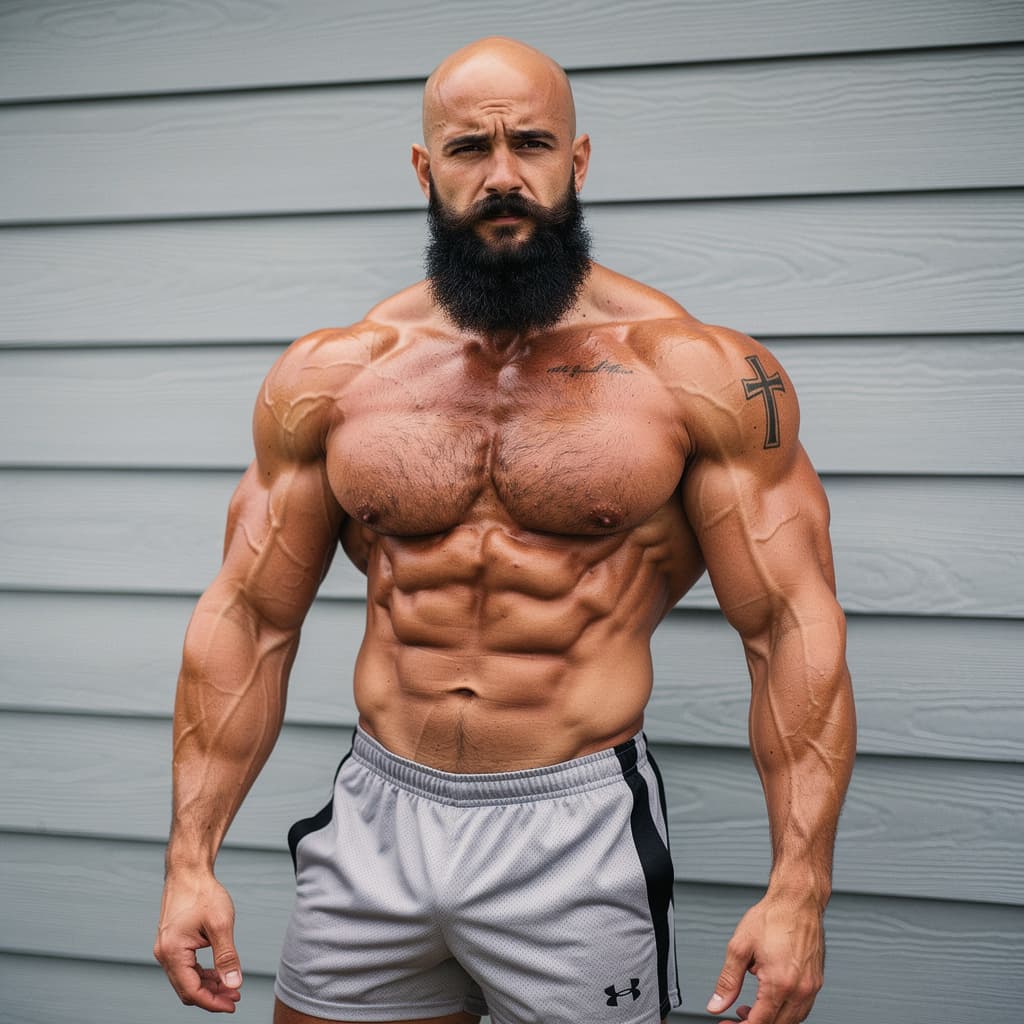 AI generated: Photographie réaliste en extérieur jour nuageux doux, homme blanc bodybuilder massif et ultra-sec d'...