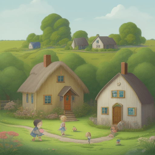 AI generated: a child drawing of children and a house, in the style of nature-inspired art, , colorful animation s...
