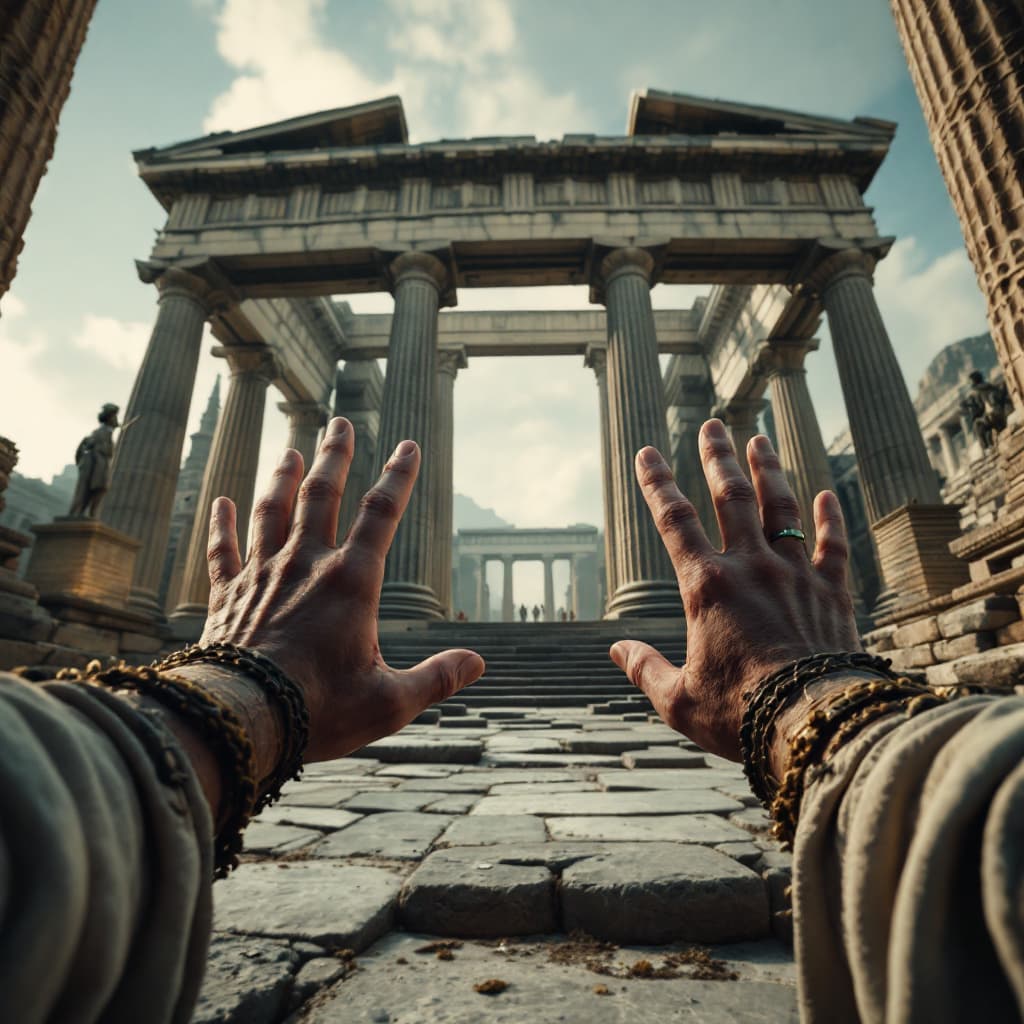 AI generated: An ultra-realistic point of view (POV) image capturing the first-person perspective of a Greek citiz...