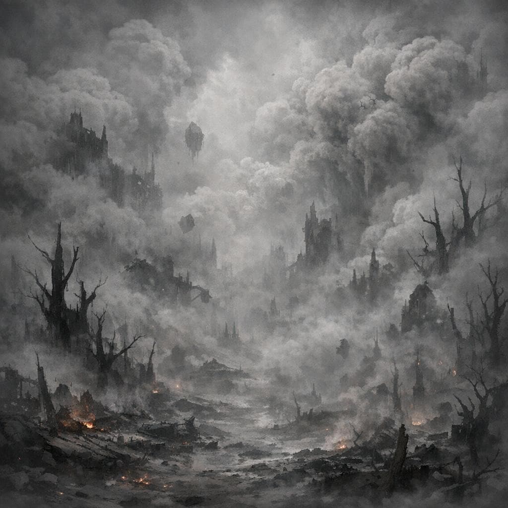 AI generated: Create a unique environment/Biome of a Smoke → The Ashen Veil (thick smoke clouds obscure everything...