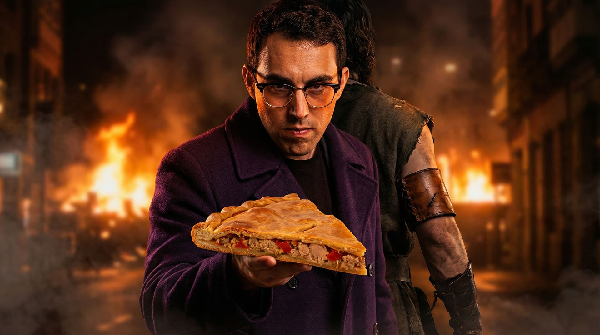 AI generated: the person from the image is wearing a dark purple coat, and his face sinister expression. his hand ...