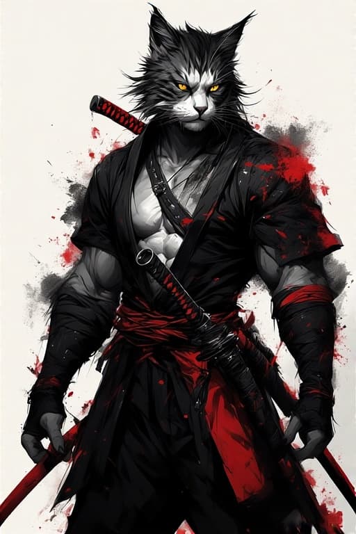 AI generated: samurai-cat, katana on belt, yellow eyes, black and white picture, black and red smudges --v 4