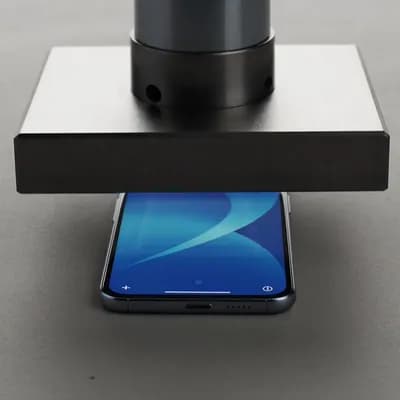 AI generated video: Scene: A modern smartphone lying flat on a concrete surface, screen facing up, clean industrial back...