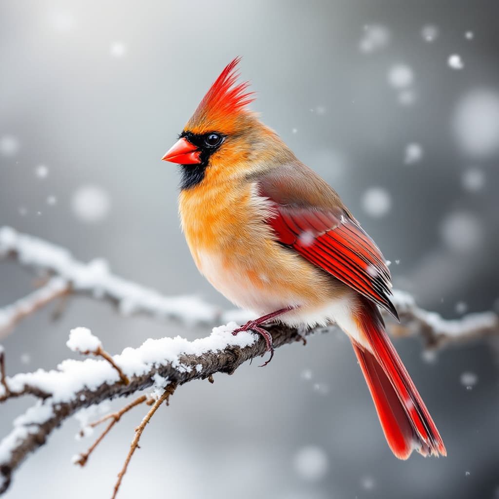 AI generated: •  3D cardinal perched on a snow-dusted branch, typical of Oklahoma winters.