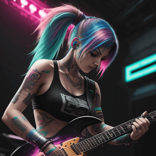 AI generated: high resolution, cyberpunk, female, colorful hair, rock star, playing electric guitar during a conce...