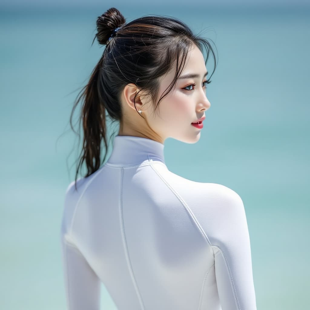 AI generated: High resolution image. A Korean woman in a white freediving suit that completely covers her body. He...