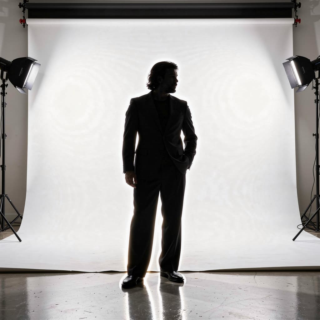 AI generated: Capture a male model's silhouette, white backdrop in photo studio, strong backlit lighting creating ...