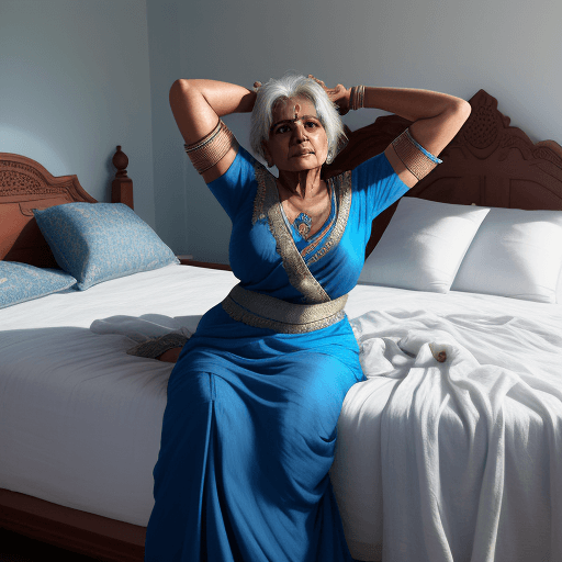 AI generated: 4K Photo of an Indian woman in her 50s (she dyes her hair), in a blue gown, sleeping with her arms u...