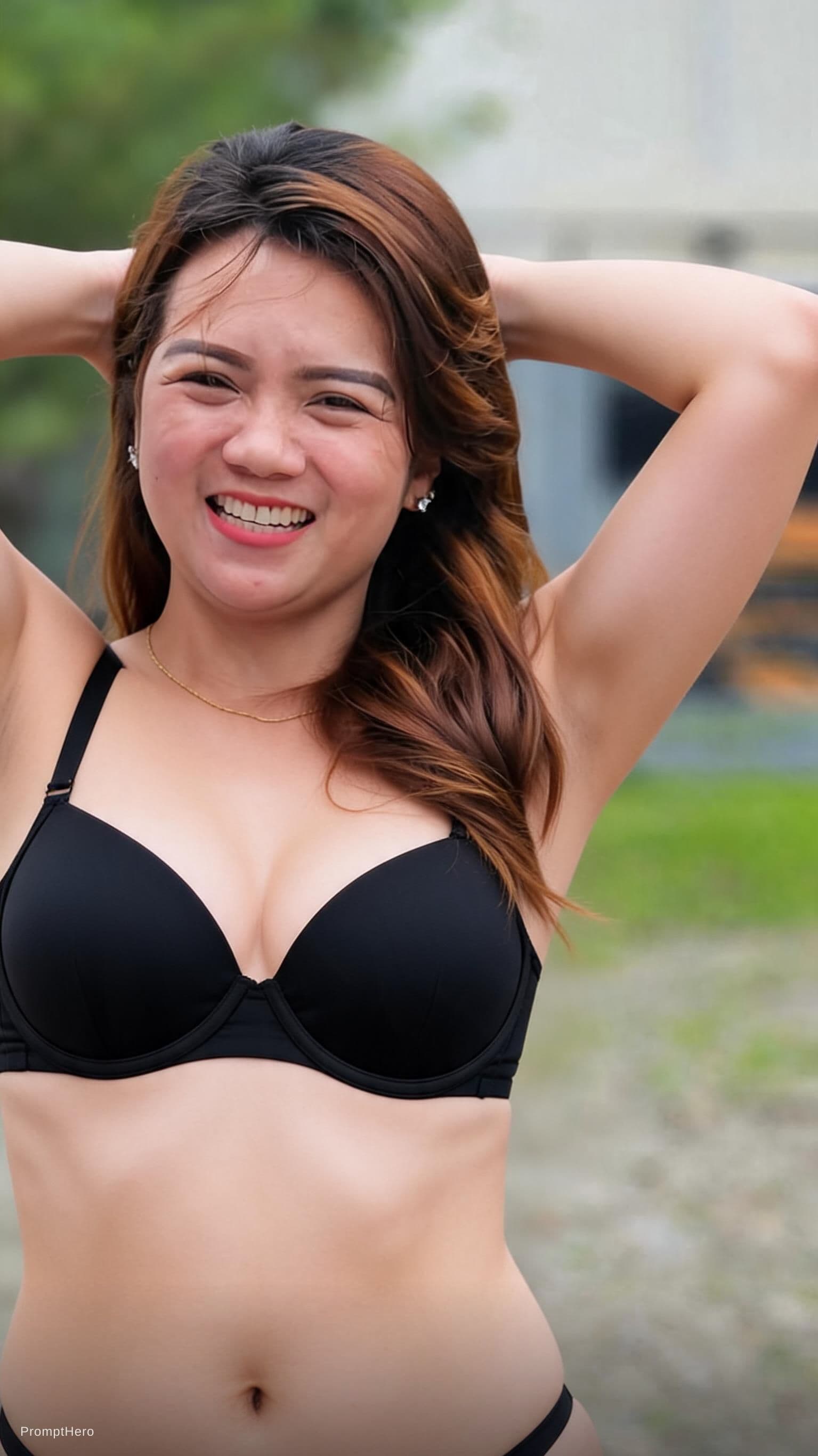AI generated: Wearing bra, hands behind head
