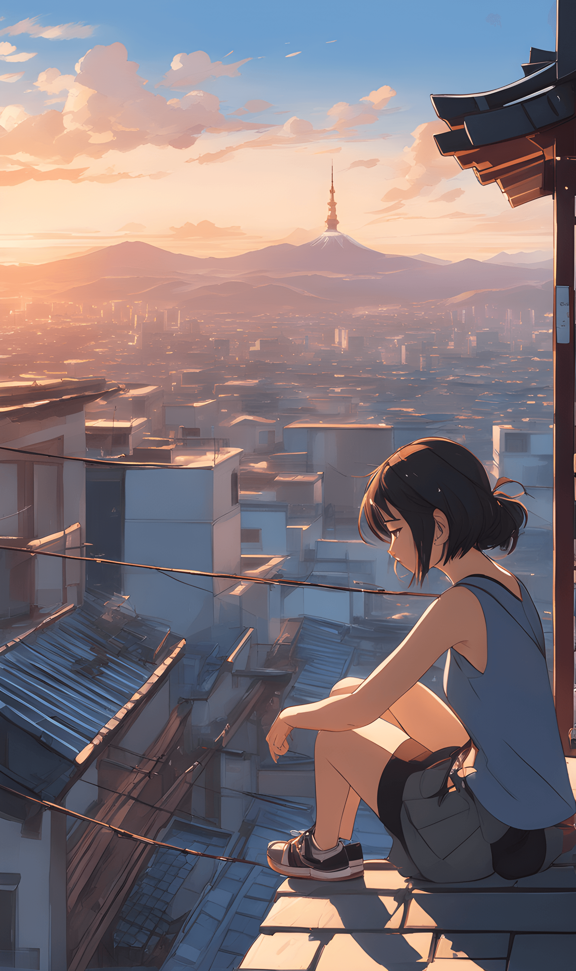 AI generated: Realistic, real life, beautiful Cute Girl sitting on a roof looking down at a city below, extremely ...