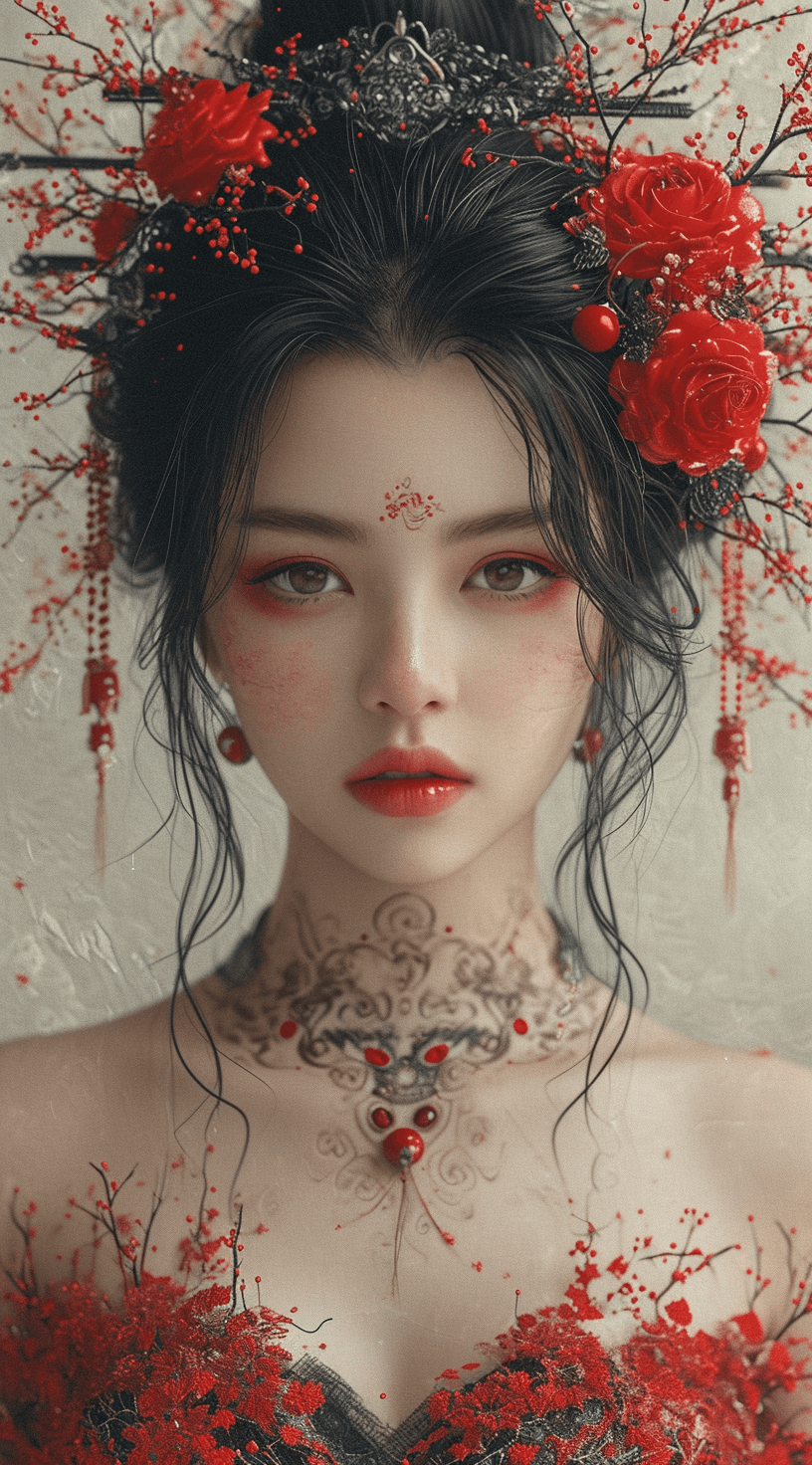 AI generated: a Chinese poster representing a woman in traditional costume, in the style of tattoo-inspired, gothi...