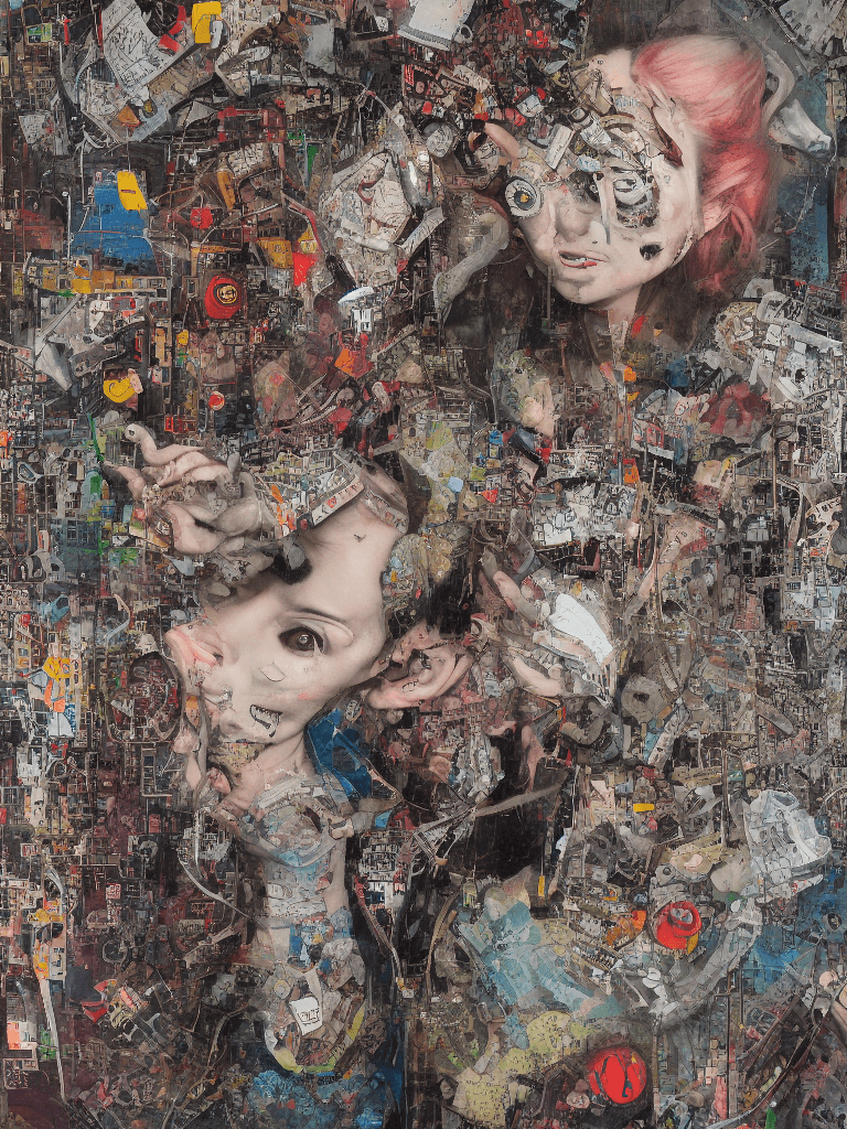 AI generated: Ultra detailed medium portrait painting, alice in wonderland, torn up punk poster, broken circuitry ...