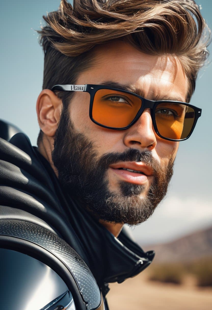 AI generated: an ultra-realistic portrait photograph of a masculine motorbike rider with glasses, a detailed beard...
