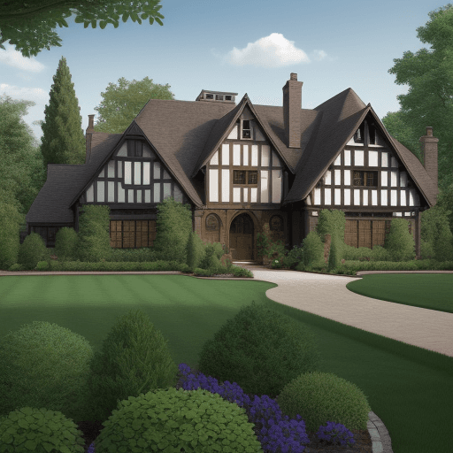 AI generated: Landscaping for a tudor house with a large open yard with bushes providing some privacy in high reso...
