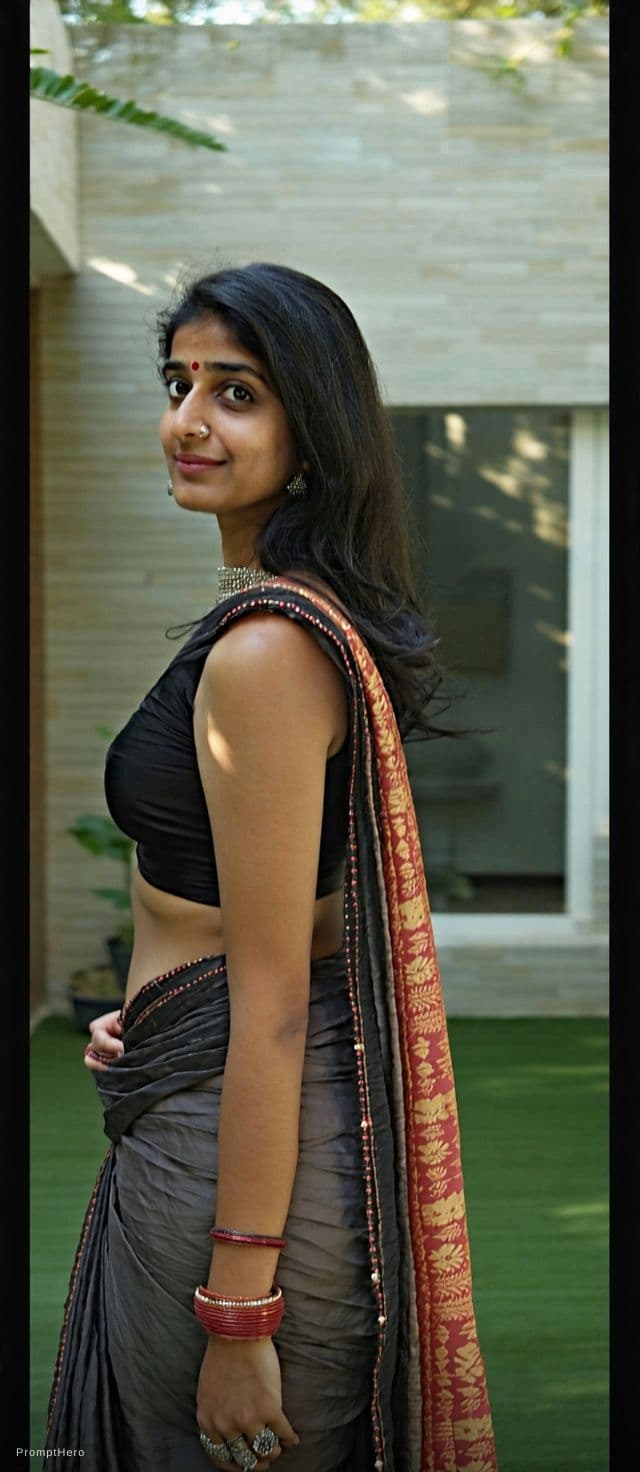 AI generated: Indian chubby big body women in low neck blouse showing  in black low waist saree