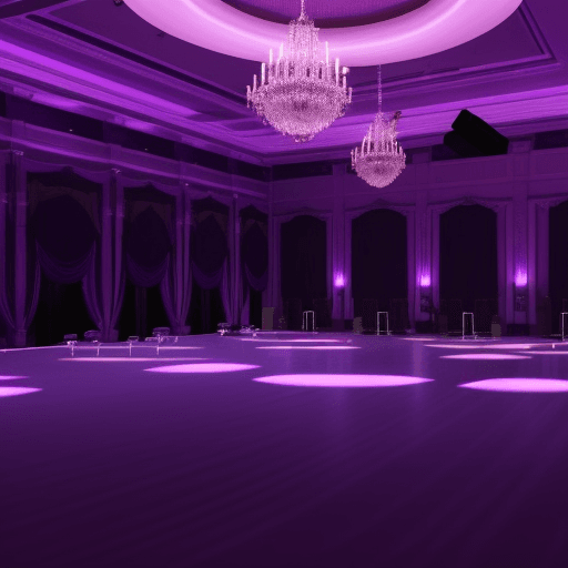 AI generated: this is a ballroom that has purple lighting, there are six for dancing in this ballroom