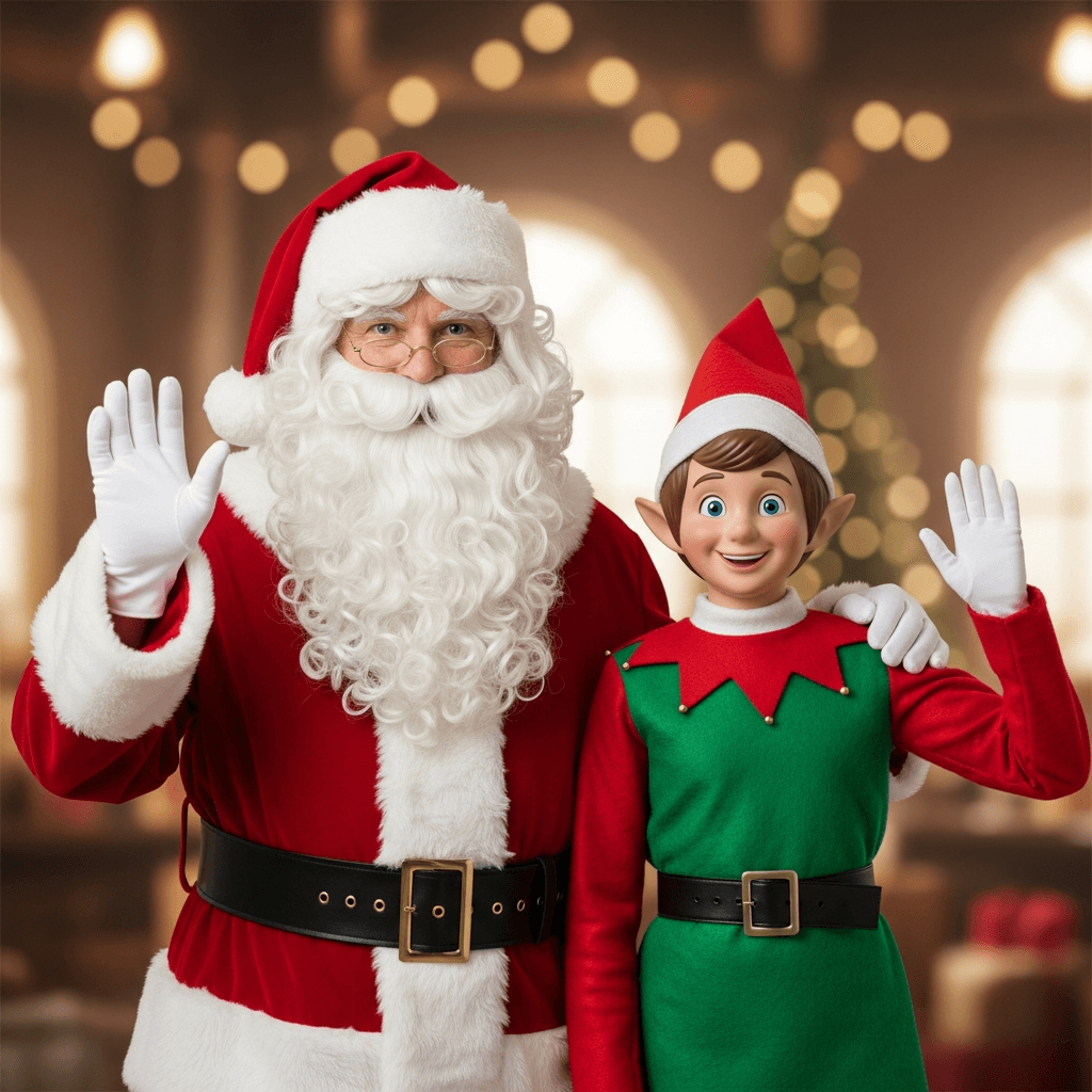 AI generated: Please use this Santa Claus and this Elf. They are in a festive setting, standing side-by-side. Sant...