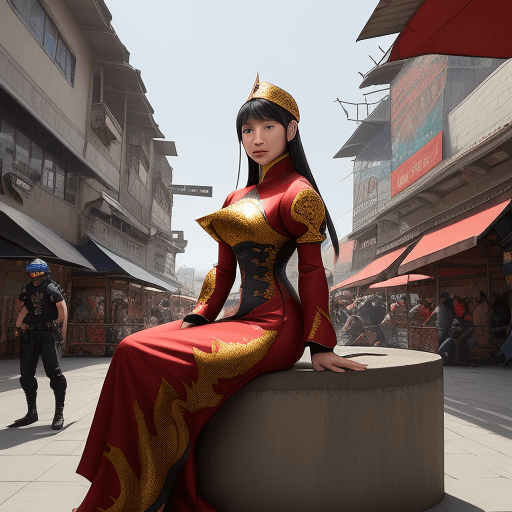 AI generated: 
lady bayamah asian with dragon dress sitting in the center of parkour city at market place lot of p...