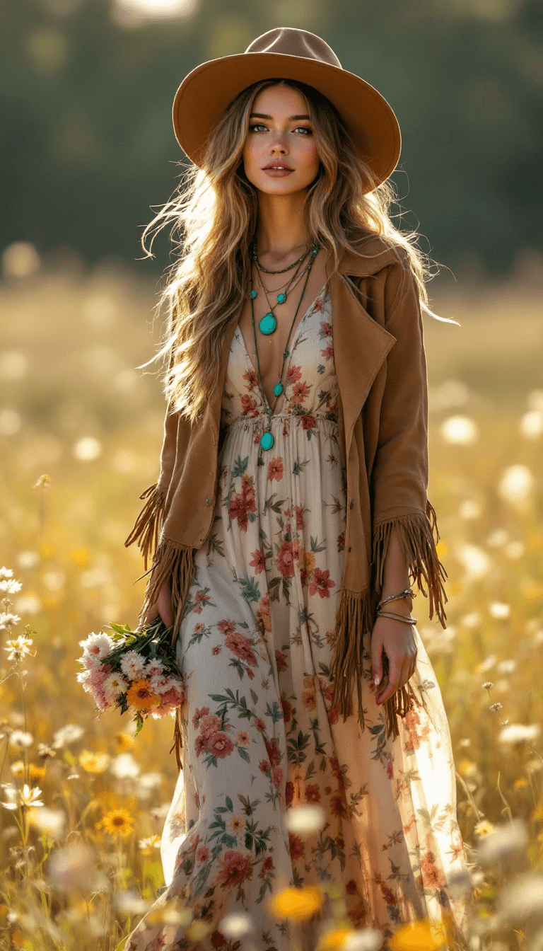 AI generated: A photorealistic image of a girl with a bohemian fashion style. She wears a long, flowing floral dre...