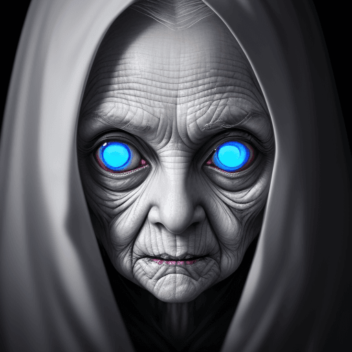 AI generated: Menacing creepy old lady ghost, black background, white pupil eyes, blue-grey lighting on the face, ...