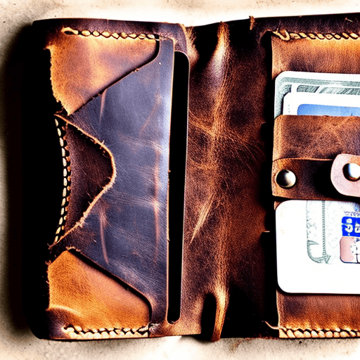 AI generated: An empty abandoned leather wallet, held open by a stick, to show no cash or credit cards inside. Sty...