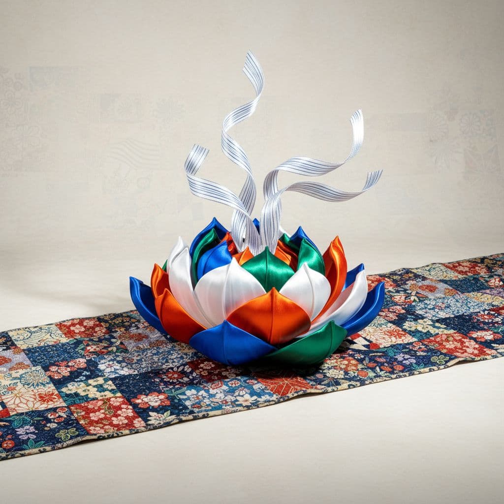 AI generated:  A hyper-realistic scene featuring a lotus-shaped sculpture crafted from glossy satin silk, with lon...