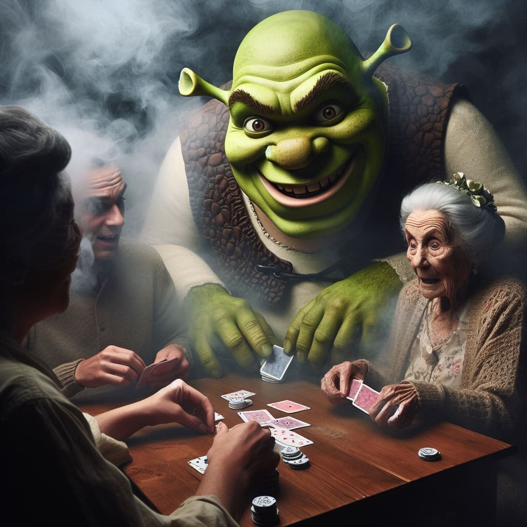 AI generated: Shrek with a very sinister face hidden under the table spying on how the frightened grandmothers pla...