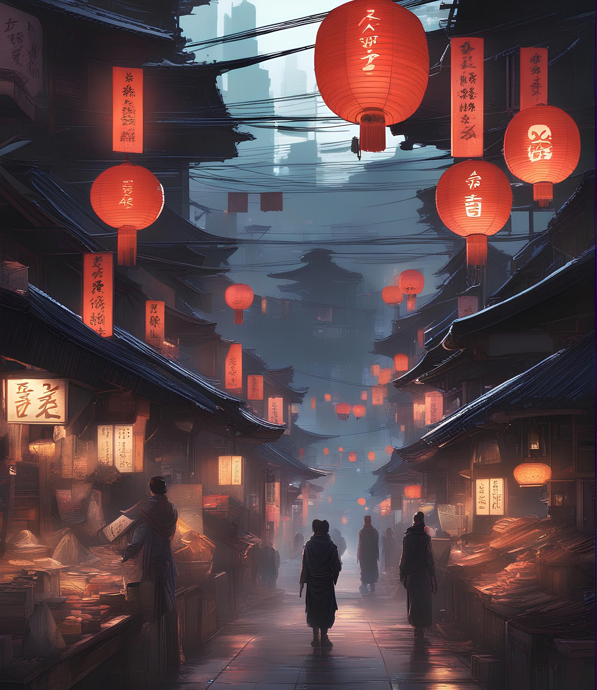 AI generated: cyberpunk art, by Patrick Ching, old japanese street market, glowing owl, no face, edo japan