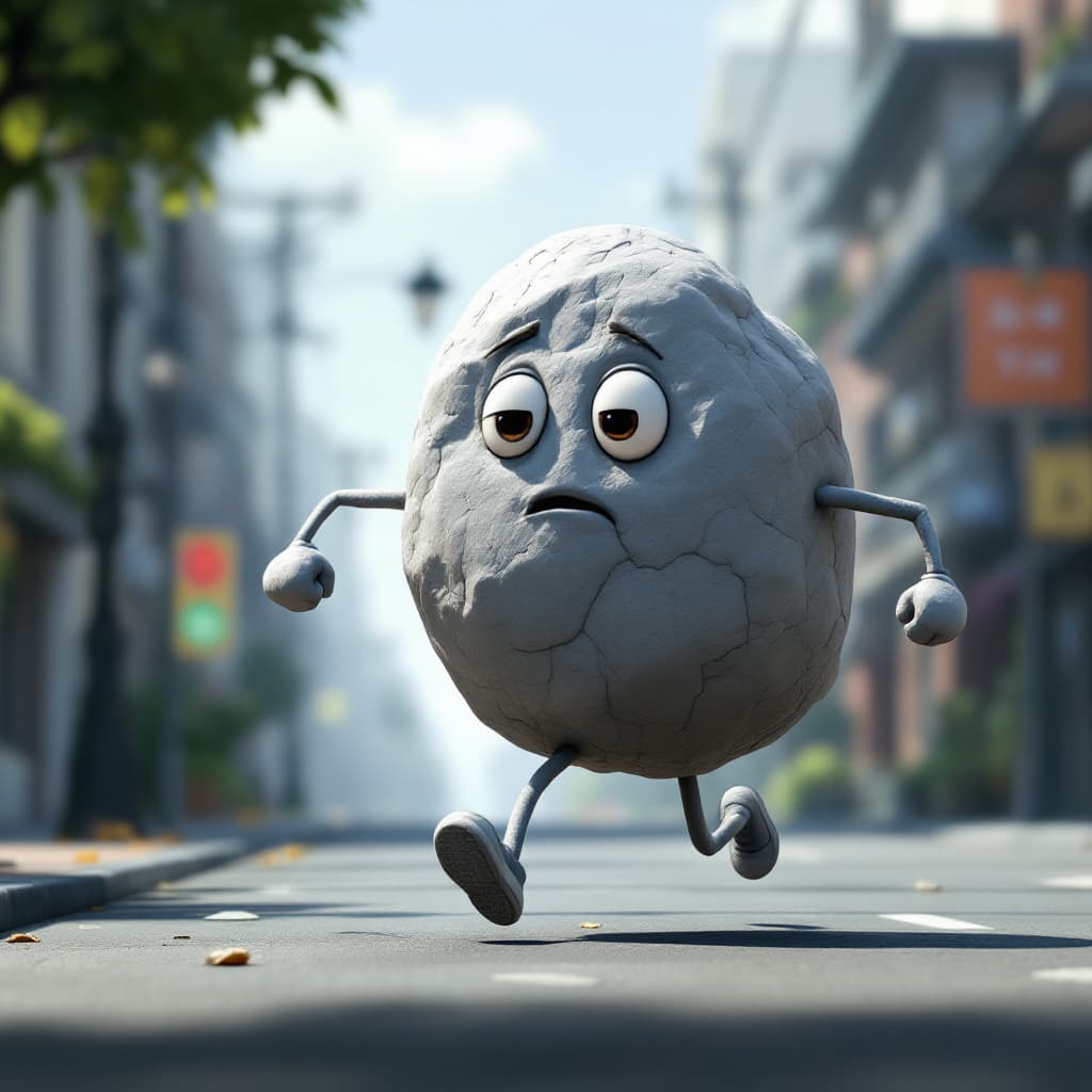 AI generated: A gray rock with a face, arms and legs running down a street, in the style of pixar
