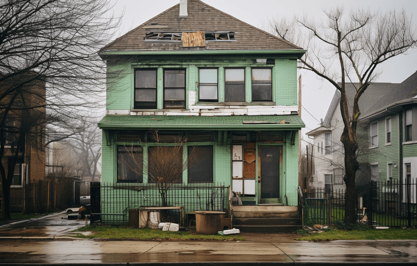 AI generated: 
A photograph of an ugly two story house with green trim, in the middle of Chicago's south side nei...