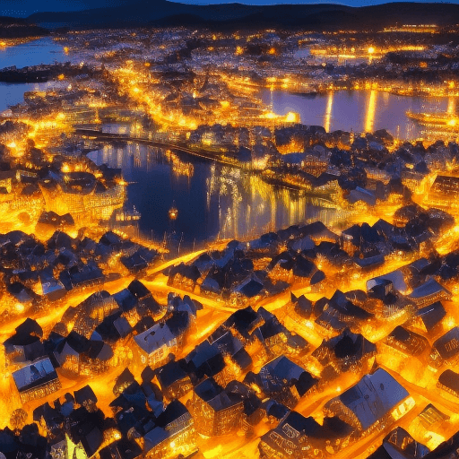 AI generated: Zoomed out view of The city of Stavanger, Norway, 1000 years in the future at night, fantasy, 8k sur...