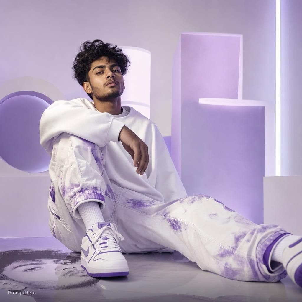 AI generated: Oversized white sweatshirt, white purple oversized combat jean, styled with footwear: white purple n...