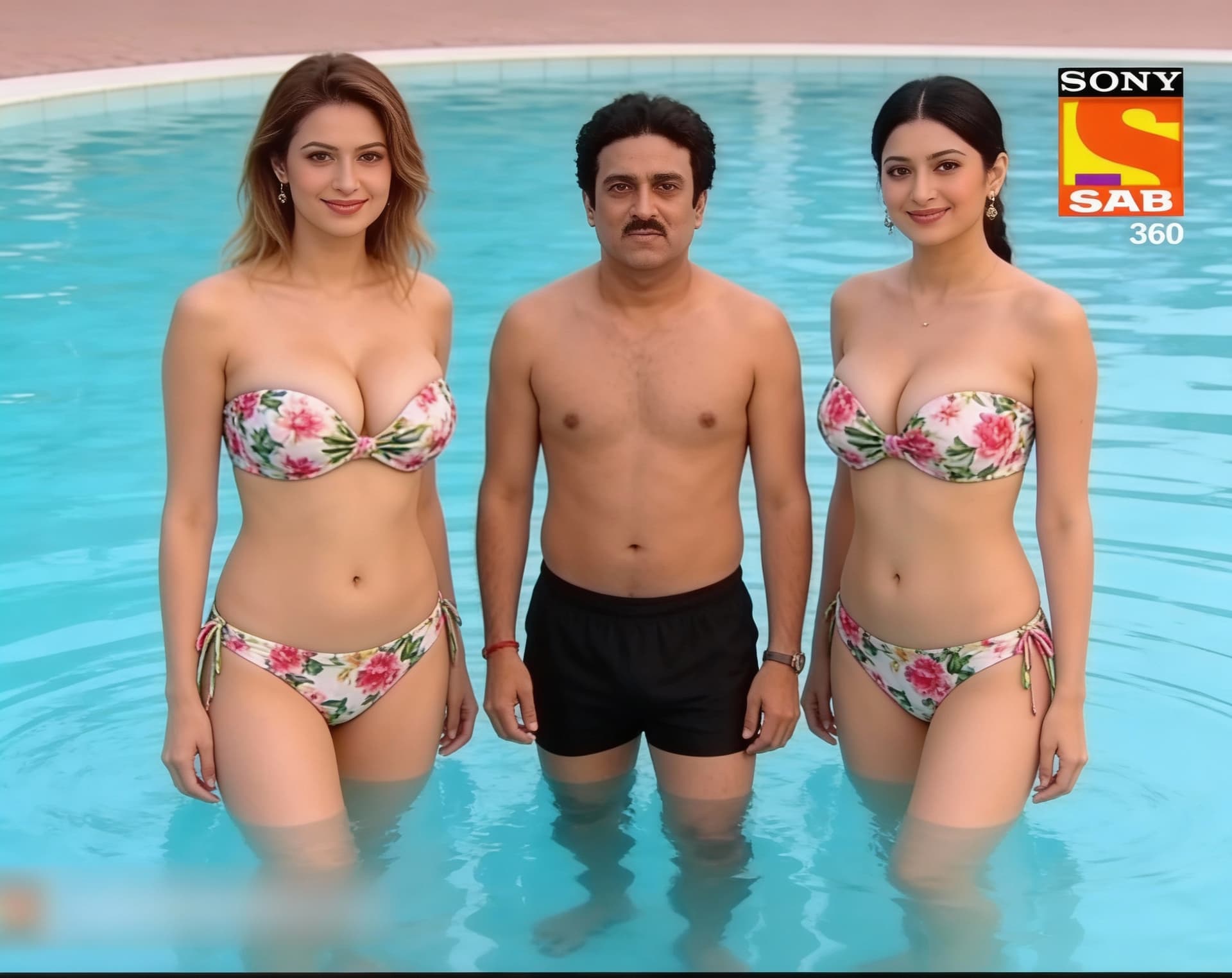AI generated: The Women wearing a strapless floral print hot bikini bust size 36d and standing in swimming pool wi...