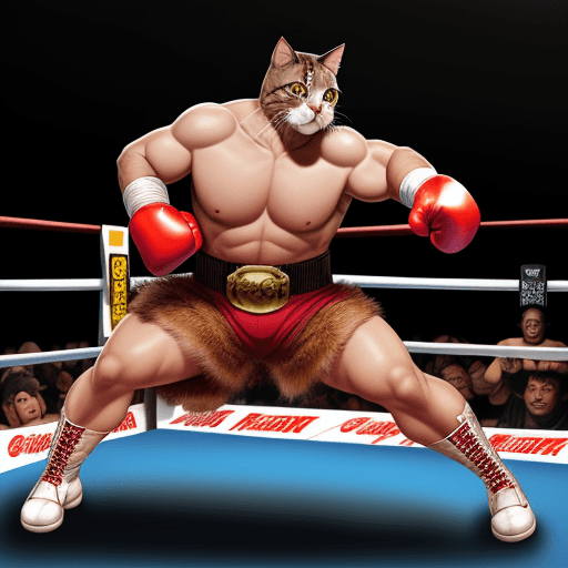 AI generated: full body beefy cat wearing gladiator costume in a boxing ring