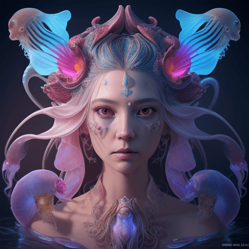 AI generated: Goddess close-up portrait ribcagel. jellyfish phoenix head, nautilus, orchid, skull, betta fish, bio...