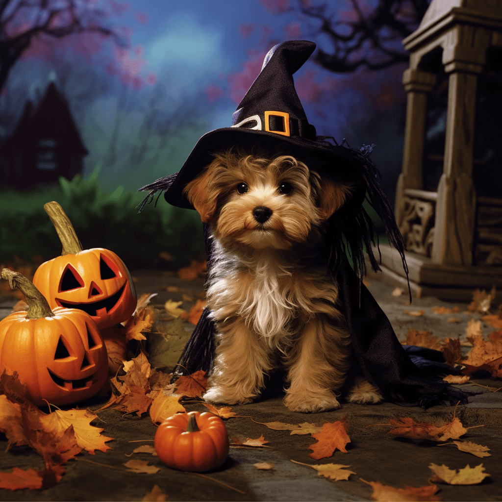 AI generated: a cute and adorable fluffy puppy wearing a witch hat in a halloween autumn evening forest, falling a...