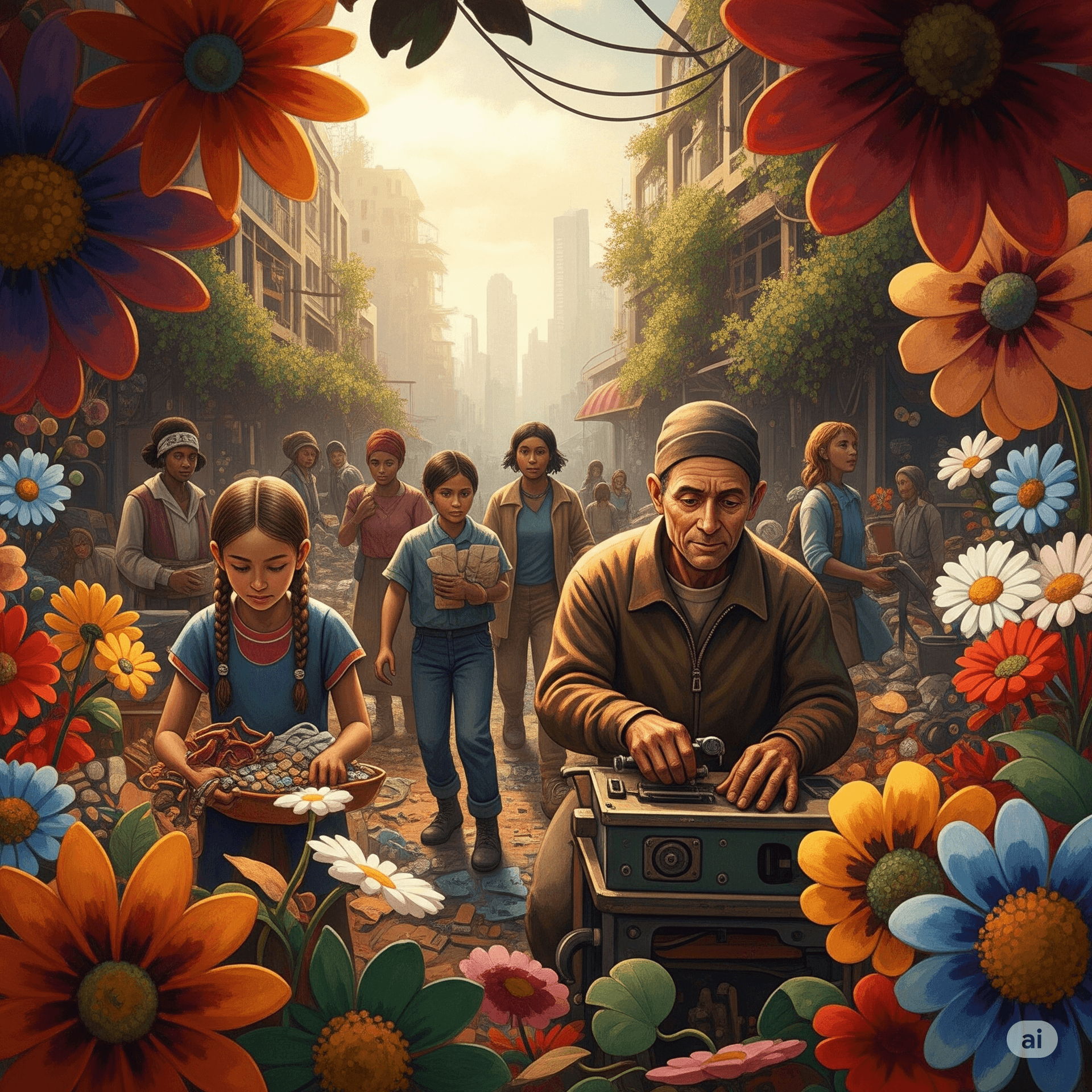 AI generated: POV shot: Gauguin-style flowers in the foreground, partly obscuring actual people going about their ...