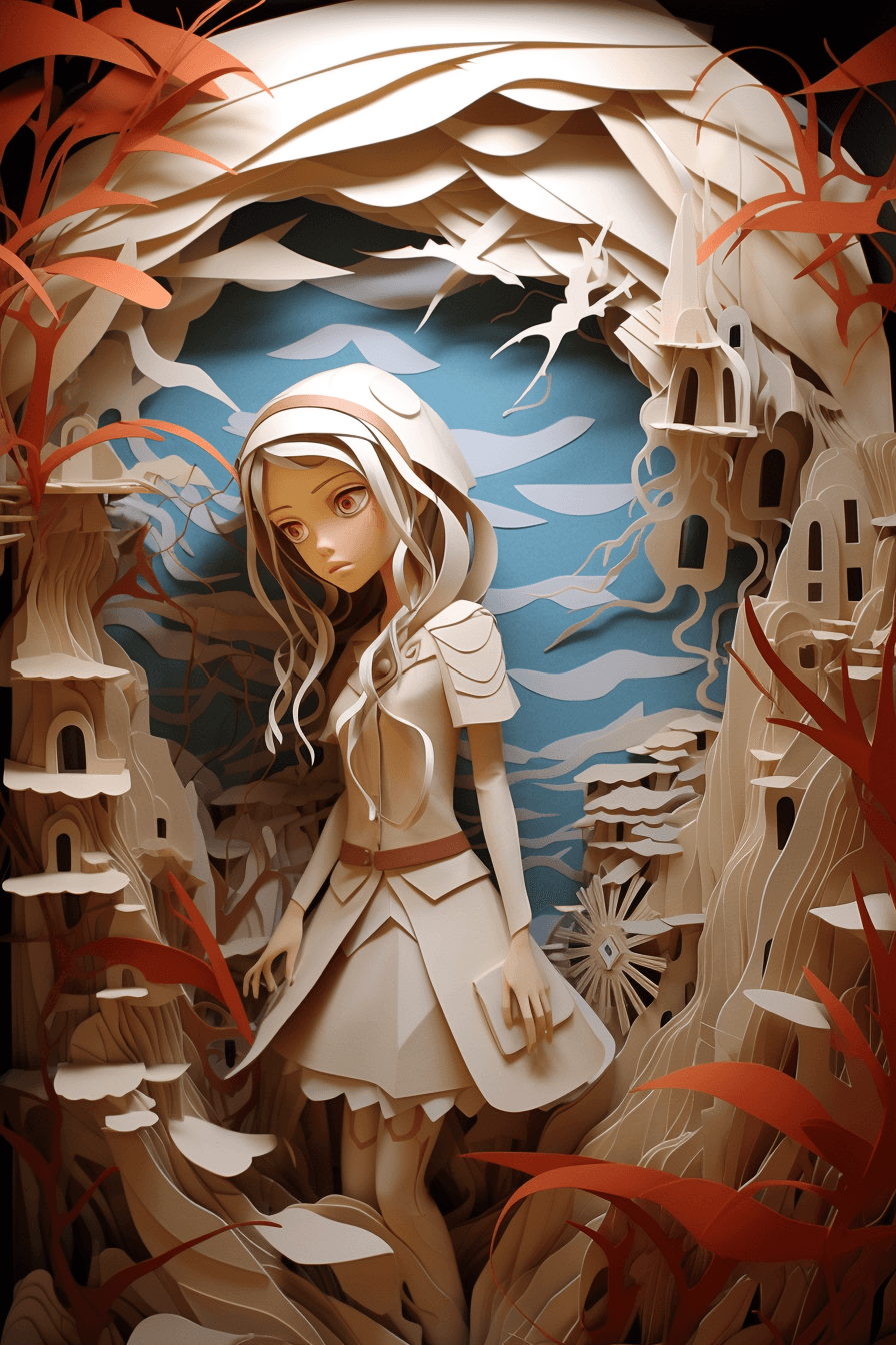 AI generated: A painter, illustrating, Dali-inspired, Hayao Miyazaki, paper art, folded-sculptured, surreal, dream...