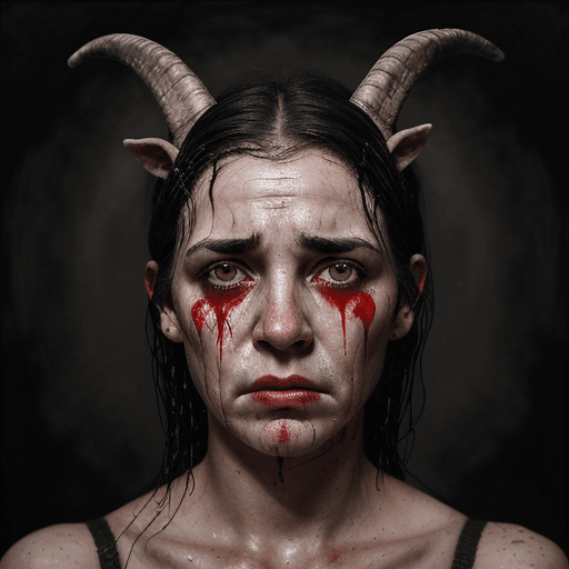 AI generated: realistic epic, Woman with (goat horns 1.2), sad look, deeply sad facial expression, red and swollen...