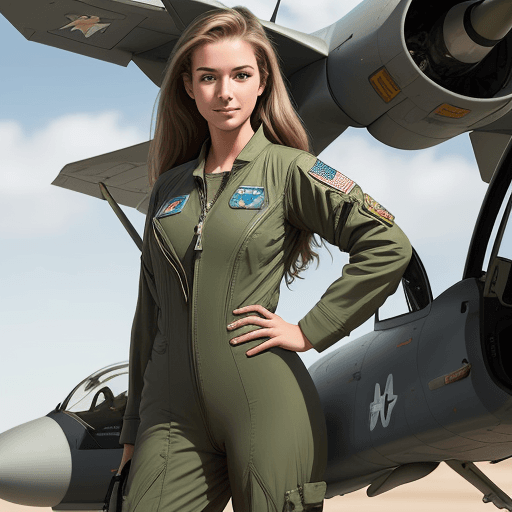 AI generated: beautiful american air force fighter pilot girl. She is wearing a loose-fitting, green, one-piece fl...