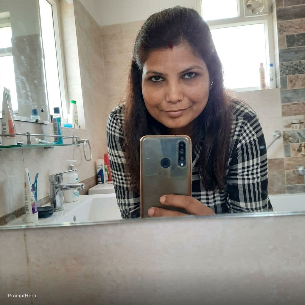 AI generated: Taking a mirror bathroom selfie, realistic snapshot, leans over pose, no smile showing teeth, just a...