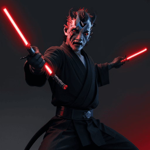 AI generated: Anime-type Darth Maul standing in a fighting pose with red lighting in the background


