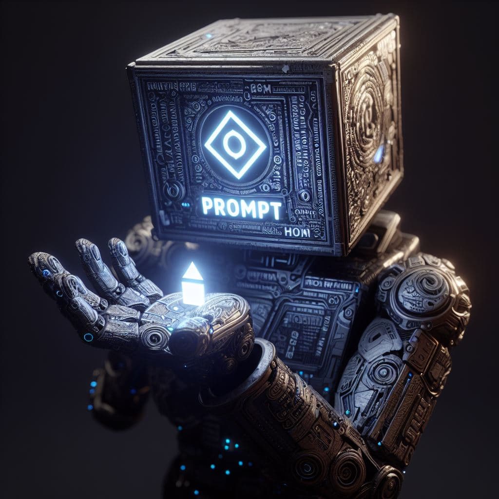 AI generated: "A mesmerizingly beautifully detailed and intricate Ai BOX Robot with its hand sticking out holding ...